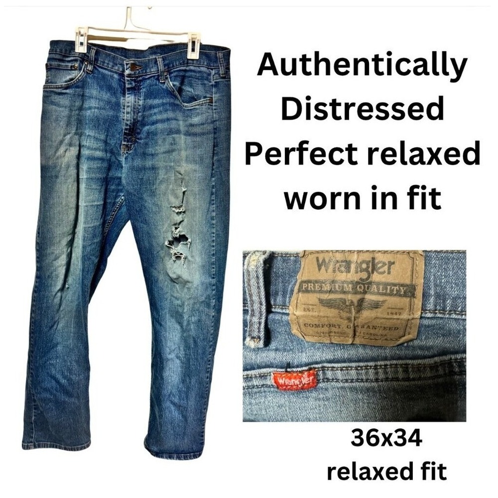 Wrangler Premium Quality Relaxed Fit Distressed Blue Jeans 36x34 Mens Denim